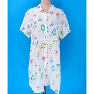 Vintage Marc Ware Womens M Floral Linen Short Sleeve Button Front Shirt‎ Dress